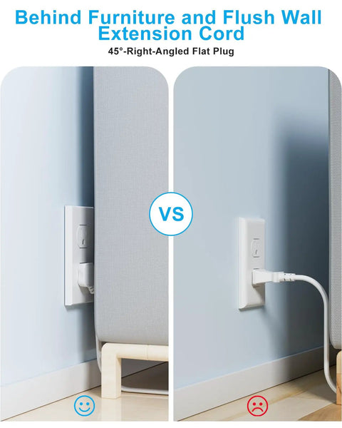 Comparison of Ultra Thin Flat Extension Cord Five Feet For Behind Furniture and regular plug behind furniture.