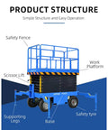 Tough Job Heavy Duty Electric Scissor Lift Platform Featuring Smooth Hydraulic Power And Self Powered Rough Terrain Chassis For Stress Free Warehouse Grinds, showing structure details like safety fence and supporting legs.