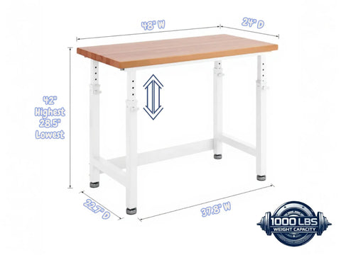 Rock Solid Height Adjustable Workbench With Premium Hardwood Surface And Hella Heavy Duty Steel Base Tough Garage Workstation 48 X 24 inch table dimensions with weight capacity.