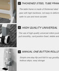 Detailed features of Lightweight Folding Mobile Computer Desk With Locking Wheels Steel Flip Frame showing frame, wheels, and folding mechanism.