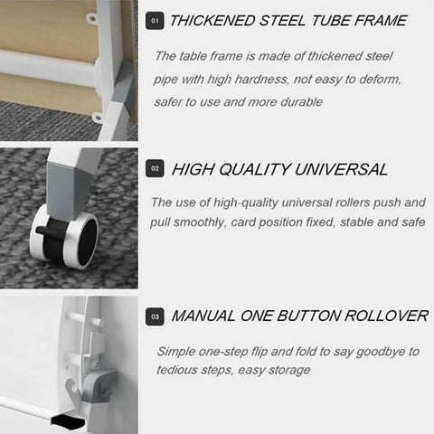 Detailed features of Lightweight Folding Mobile Computer Desk With Locking Wheels Steel Flip Frame showing frame, wheels, and folding mechanism.