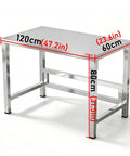Heavy Duty Stainless Steel Workbench With Beefy Reinforced Crossbars And Folded Safety Edges For Rock Solid Kitchen Prep Or Warehouse Packing Projects, measuring 120cm by 60cm.