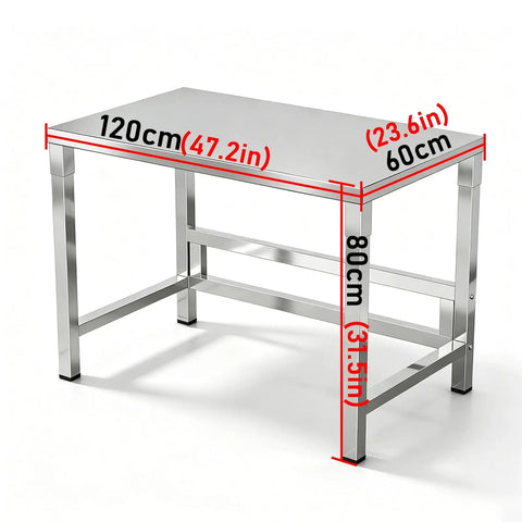 Heavy Duty Stainless Steel Workbench With Beefy Reinforced Crossbars And Folded Safety Edges For Rock Solid Kitchen Prep Or Warehouse Packing Projects, measuring 120cm by 60cm.