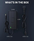 42V 2A Electric Scooter Charger With 9.8Ft Cord, Compatible With GOTRAX, showing dimensions and plug type on dark background
