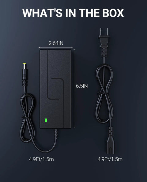 42V 2A Electric Scooter Charger With 9.8Ft Cord, Compatible With GOTRAX, showing dimensions and plug type on dark background