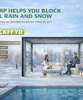 Beefed-Up Heavy Duty 14Mil Clear Tarp 3x6ft With Grommets Waterproof enclosure over patio, snowy landscape in background.