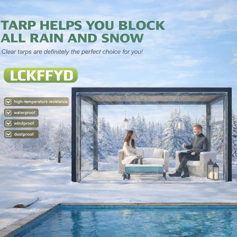 Beefed-Up Heavy Duty 14Mil Clear Tarp 3x6ft With Grommets Waterproof enclosure over patio, snowy landscape in background.