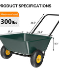 Side view of Workhorse Two Wheel Wheelbarrow Cart With 330 Pound Capacity Plastic And Steel Garden Wagon showing measurements