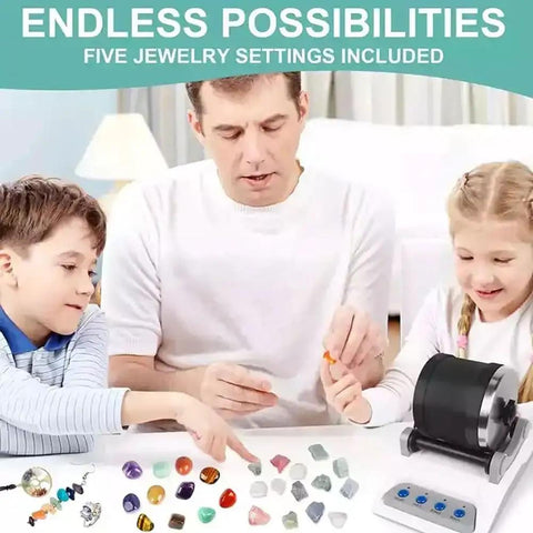Family using Rock Tumbler Polisher Kit For Kids And Beginners, Electric Gem Grinder with DIY set for home crafting and learning