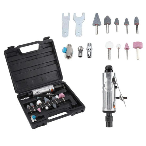 Top Tier 25000 Rpm Air Die Grinder Kit With Quick Chuck And 16 Piece Set, includes various grinding attachments and tools.