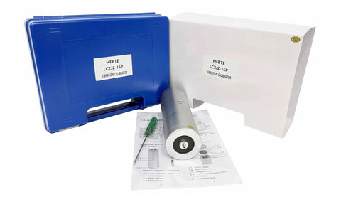 Compact Handheld Vibration Calibrator And Vibrometer For Quick Accelerometer Checks, Vibration Monitoring And Recording System Verification, Self Contained Shaker Delivers Known RMS Vibration Up To 150g, with blue case and manual