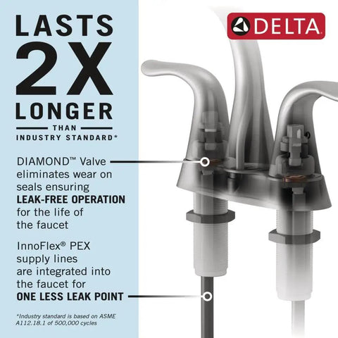 Cutaway view of Ashlyn Centerset Bathroom Faucet in Brushed Nickel showing Diamond Seal Technology and InnoFlex supply lines.