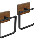 Two Pack Square Towel Ring and Hand Towel Holder Wall Mount in Rustic Wood and Matte Black Metal Finish
