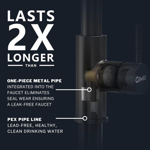 Close-up of Slick Black Kitchen Faucet With Pull Down Sprayer showing one-piece metal pipe for leak-free performance.