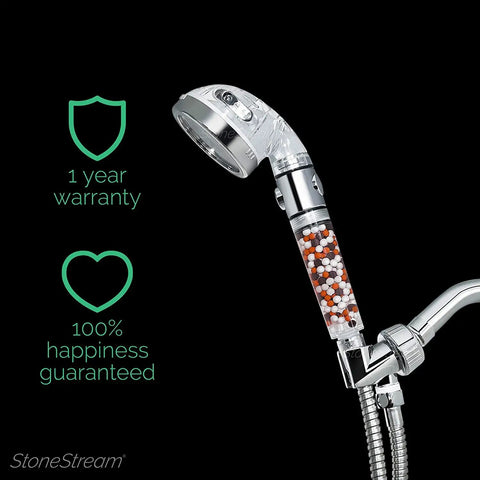 Filtered Shower Head With Eco Power High Pressure Water Softener, chrome finish, ionic beads visible, black background.