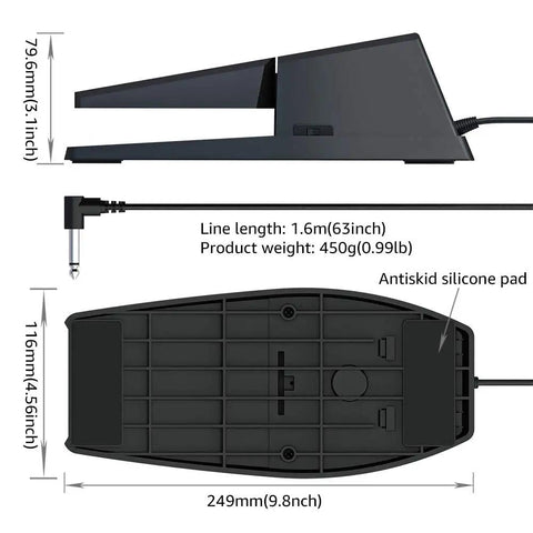 Dimensions and features of Universal Sustain Pedal For Digital Pianos And MIDI Keyboards, includes anti-skid pad and 1.6m cable.