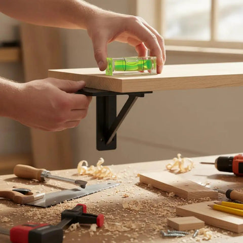 Person using a green Bubble Level Vial, Spirit Level on a wooden board, ensuring accurate leveling in a workshop.