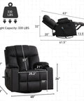 Dimensions of the Oversized Swivel Rocker Recliner With Heated Massage, 40 Inch Rocking Chair In PU Leather, Black Finish