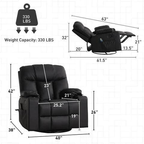 Dimensions of the Oversized Swivel Rocker Recliner With Heated Massage, 40 Inch Rocking Chair In PU Leather, Black Finish