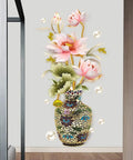 Chinese Style Lotus Flower Vase Wall Sticker With Pearl Accents Peel And Stick Decor For Living Room And Entryway Two Sheets Per Roll Finish