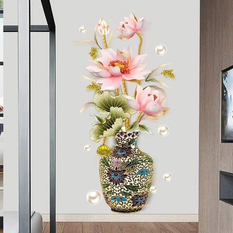 Chinese Style Lotus Flower Vase Wall Sticker With Pearl Accents Peel And Stick Decor For Living Room And Entryway Two Sheets Per Roll Finish