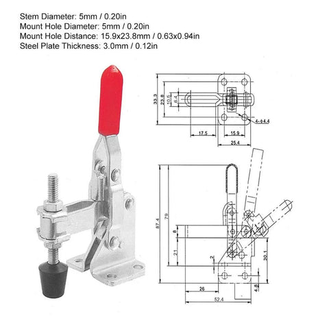 Heavy Duty Quick Release Toggle Clamp 304 Stainless Steel With Rubber Gripping Bar And 4-Hole Base For Workholding Fixture And Mechanical Clamping, 60 Kg Capacity For Welding Machining And Toolmaking Pro Grade, shown with dimensions
