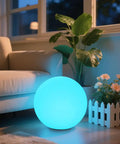 14 Inch LED Ball Light Outdoor Indoor Globe Lamp With Remote Rechargeable Dimmable RGB Color Changing Waterproof Orb glowing blue indoors