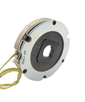 Electromagnetic brake, miniature, metal housing with yellow wiring, front view.