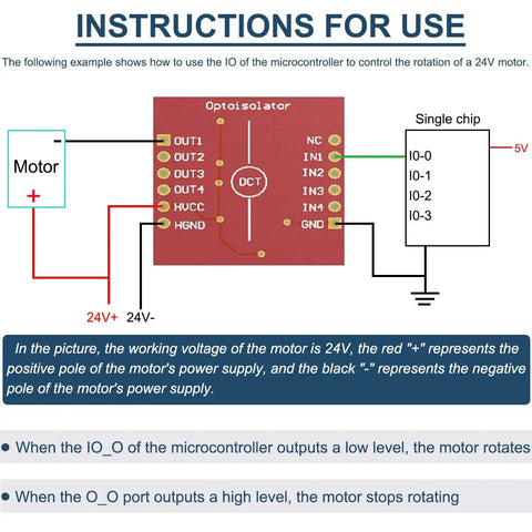 Diagram showing how to use a microcontroller for rotating a 24V motor with a Five-Piece Four-Channel Optocoupler Isolation Module With TLP281 ICs For Arduino Easy Low-Level To High-Level Control Four Channel Breakout Board For Isolated Switching HV Up To 24V Great For Prototyping And DIY Projects For Arduino Hobbyists.