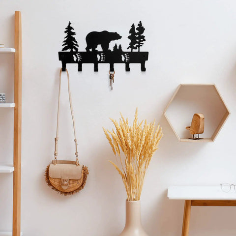 Metal Bear Coat Rack Wall Mount With Six Hooks For Hats Coats Towels Keys Bags And More Durable Black Finish on white wall