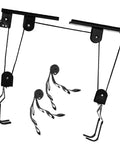 Heavy Duty Ceiling Hoist Pulley System With 60kg Capacity Overhead Bike Rack And Kayak Hanger, steel hooks visible