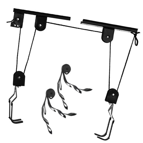 Heavy Duty Ceiling Hoist Pulley System With 60kg Capacity Overhead Bike Rack And Kayak Hanger, steel hooks visible