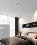 Superior Three Head Anti Glare LED Recessed Downlight illuminating a modern bedroom, showcasing cozy 3500K warm white glow.