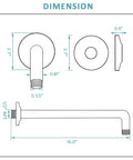 Dimensions diagram of 16 Inch L Shaped Shower Arm Extension With Matte Black Finish, Heavy Duty Stainless Steel Arm, 1/2 inch NPT flange included