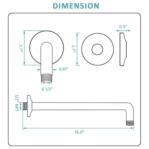 Dimensions diagram of 16 Inch L Shaped Shower Arm Extension With Matte Black Finish, Heavy Duty Stainless Steel Arm, 1/2 inch NPT flange included