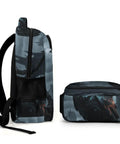 Side view of Dark Storm Castle Crow Printed Unisex Backpack with large capacity and durable polyester material