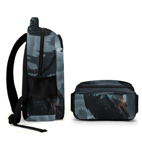 Side view of Dark Storm Castle Crow Printed Unisex Backpack with large capacity and durable polyester material
