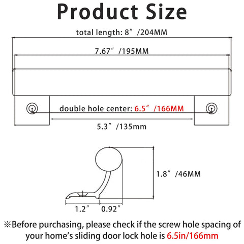 Diagram showing dimensions of 8 Inch Metal Sliding Door Handle Replacement Barn Door Pull For 6.5 Inch Screw Hole Spacing Black Aluminum Alloy Hardware 2 Pack Ideal For Old Damaged Patio Glass Doors Durable Construction Smooth Operation Weather Resistant