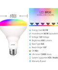 BR30 Smart LED Flood Bulbs 13W 1300 Lumens RGB Color Changing, Dimmable with specs and colorful light spectrum