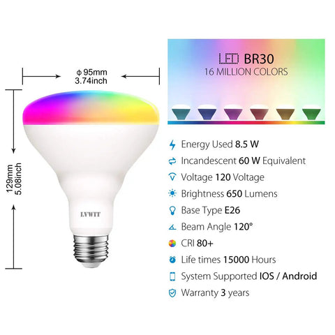 BR30 Smart LED Flood Bulbs 13W 1300 Lumens RGB Color Changing, Dimmable with specs and colorful light spectrum