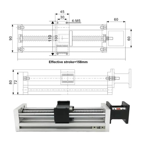 Diagram and photo of Electric Slide Table Kit with Nema23 Motor, 57mm Linear Guide Rail, SFU1605 1610 Rails, 400mm Length.