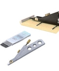 Pro Level Aluminum Guitar Nut Scribe Tool For Spot On String Spacing And Saddle Height Marking, black and silver tool set with a wooden base.
