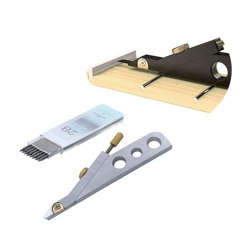 Pro Level Aluminum Guitar Nut Scribe Tool For Spot On String Spacing And Saddle Height Marking, black and silver tool set with a wooden base.