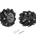Two Pack Mecanum Wheels With Couplings For Smart Robot Cars And DIY Models shown from the side, black ABS rubber material.
