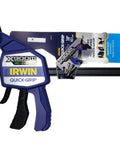 Side view of QC-Mate 18-inch blue clamp with Uni-Jaw; IRWIN Quick-Grip branding visible.