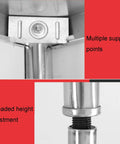 Close-up of the Heavy Duty 304 Stainless Steel Work Table With Adjustable Height And Removable Top showcasing threaded height adjustment and support points.