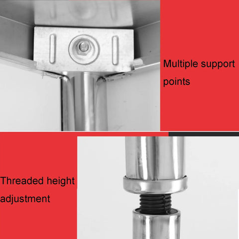 Heavy Duty 304 Stainless Steel Work Table With Adjustable Height And Slick Removable Top showing threaded height adjustment and support points.