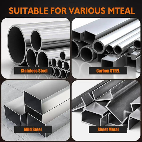 Collage showing stainless steel, carbon steel, mild steel, and sheet metal pipes and profiles suitable for welding.