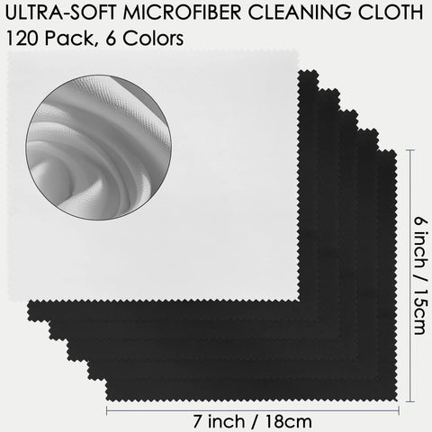 Front view of a 120-pack of microfiber cleaning cloths in white and black, 7x6 inches, close-up microfiber texture.