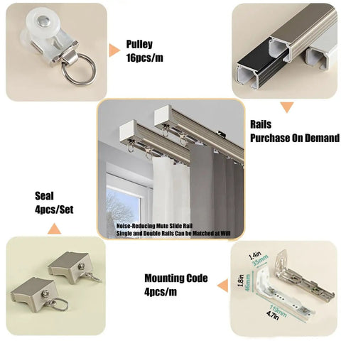 Wall Mount Curtain Track System, Ultra Slick Quiet Sliding Rail For Living Room, Hotels And Teahouses, Heavy Duty Aluminum Alloy Double Track, Gold Finish, Room Divider Sliding Curtain Rod, 10.5ft, gold double rails and pulleys shown